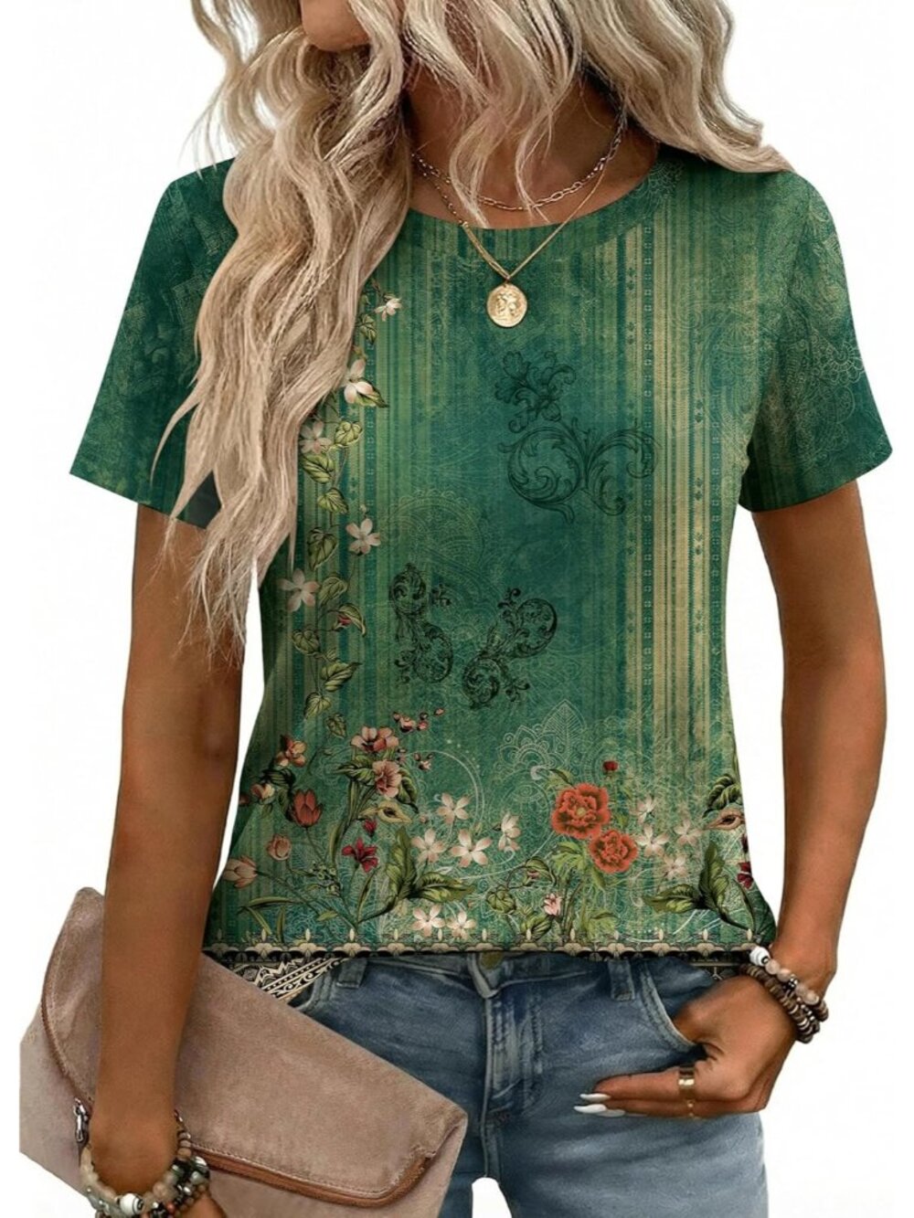 Women's Floral Green Short Sleeve Crew Neck Casual Basic Imported Tee Shirts